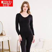 红豆2019秋冬新品美体内衣套装女蕾丝大圆领紧身性感棉毛衫薄打底保暖秋衣秋裤232 魅惑黑 165-175/90-100