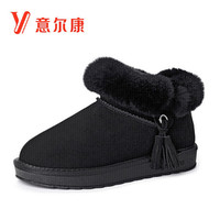 意尔康女鞋加绒雪地靴女时尚流苏学院风短靴平底舒适棉鞋 9763ZM49236W 黑色 37