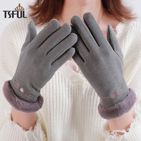 Tsful 手套女冬季加绒加厚保暖骑行全指毛绒可爱卡通韩版简约五指分指 A5526B猫须灰色