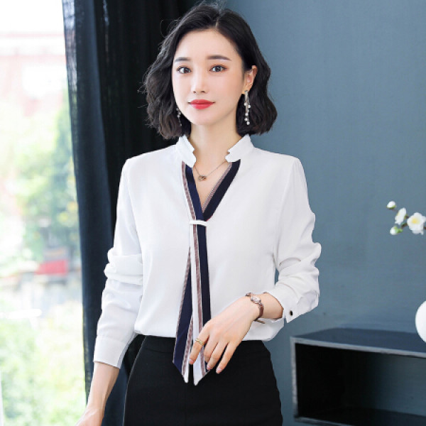 商品初申 长袖衬衫女2019秋季新款韩版职业装女飘带白衬衫ol白衬衣