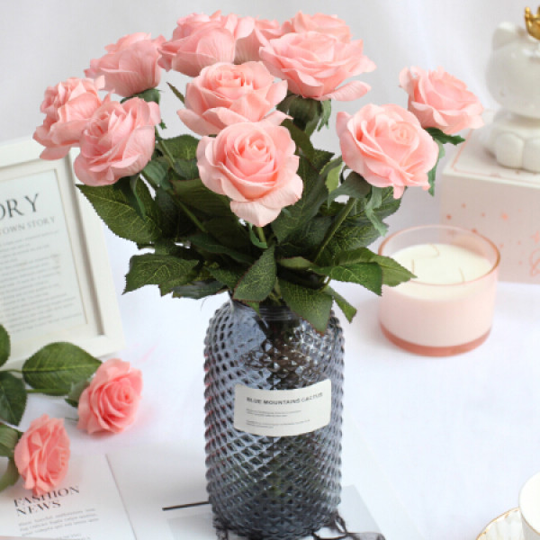 商品爱已装糖 手感保湿高仿真玫瑰花束装饰花含玻璃花瓶仿真花套装