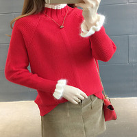 米兰茵（MILANYIN）女装 2019年秋冬新款毛衣宽松套头甜美荷叶袖短款加厚针织衫NYml495 红色 均码
