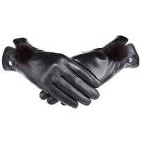 Crocodile 鳄鱼恤 女士山羊皮手套可触屏时尚优雅加厚加绒保暖分指手套生日礼物CQ15Y1311-01黑色XL码