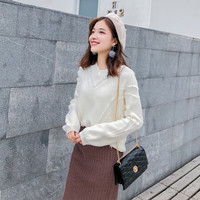 AUDDE 2019秋季新款女装新品针织衫时尚毛衣女慵懒风流苏宽松套头v领长袖 ywH818 清新白 均码