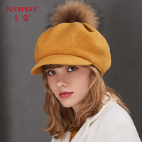 卡蒙 （Kenmont） km-9314 全羊毛贝雷帽貉子毛球帽女时尚潮八角帽百搭青年毛呢帽 芥末黄 可调节(57.5cm)