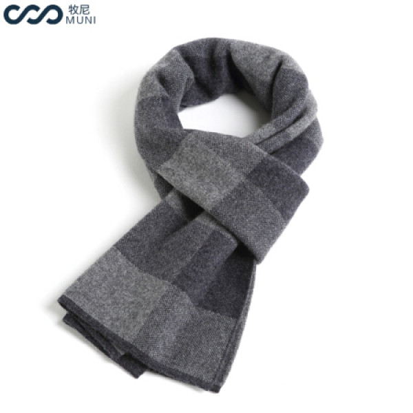牧尼(muni)羊绒男士围巾秋冬季高档格子男式针织羊毛围巾男生围巾加厚