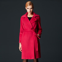 瑞比卡(Marc Rebecca)欧美纯色双排扣毛呢外套中长款大衣 56017B 玫红色 S