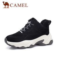 骆驼（CAMEL） 女士 温暖拼接羊羔毛加绒厚底老爹鞋 A94525684 黑色 36