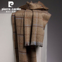 皮尔卡丹 羊绒围巾男格子短穗男士围脖冬季围巾披肩两用礼盒装 E22TM5149 米驼