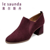 莱尔斯丹 le saunda 时尚优雅休闲圆头套脚粗跟高跟女脚踝短靴 LS 9T68804 枣红色 37