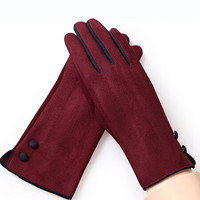 GLO-STORY手套女 冬季保暖加绒手套户外运动防寒触屏手套 拼接女士毛线手套WST844168 酒红