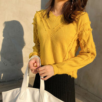 AUDDE 2019秋季新款女装新品针织衫时尚毛衣女慵懒风流苏宽松套头v领长袖 ywH818 芒果黄 均码