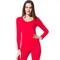 韩彩（HACAI）女士薄款圆领莫代尔棉保暖内衣套装 红色 170\95(XL)
