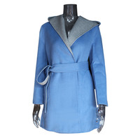 瑞比卡(Marc Rebecca)双面穿系带羊毛大衣外套连帽双面呢大衣女 56036B 浅蓝色 S