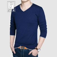 吉普盾男士2019秋季新款长袖T恤针织衫套头V领鸡心领打底衫休闲男装薄款毛衣 深蓝 M