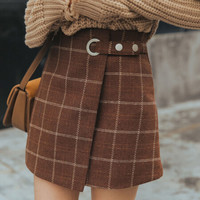 俞兆林 2019秋冬新款女装韩版不规则经典格子毛呢半身短裙百搭修身高腰A字裙 YWBQ199226 咖啡色 M