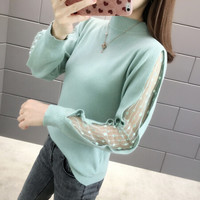 沫欣 针织衫女2019秋季新品性感半高领套头蕾丝拼接袖纯色毛衣针织打底衫 MMHSL9921 浅绿 均码