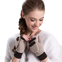 GLO-STORY 手套女 加绒加厚保暖户外骑行可拆分毛线手套WST744102 花驼色