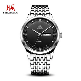 上海(SHANGHAI)手表 跃时系列时尚潮流双历石英钢带男表 NS0129黑尖丁