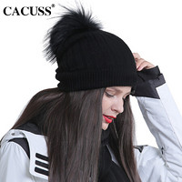 CACUSS 纯羊毛毛线帽子女冬针织帽真貉子皮草毛球保暖套头帽Z0272 黑色 均码