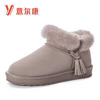 意尔康女鞋加绒雪地靴女时尚流苏学院风短靴平底舒适棉鞋 9763ZM49236W 粉红 35