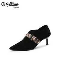 金利来（goldlion）女鞋尖头深口单性感豹纹皮带扣装饰细高跟鞋62994007701P-黑色-35码