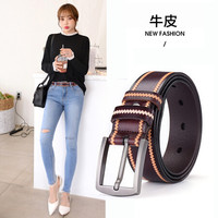 斯提亚(STIYA)皮带女士牛皮针扣复古宽腰带女时尚装饰牛仔裤绣线简约休闲裤带 893S081004啡色