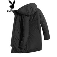 花花公子（PLAYBOY）羽绒服男士中长款2019冬季新品连帽保暖男装时尚纯色外套男 黑色 3XL/190