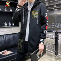 稻草人(MEXICAN)风衣男2019年冬季新款韩版休闲印花中长款连帽外套保暖夹克男装 黑色 M