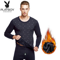 花花公子加绒加厚保暖内衣套装男圆领印花 藏青XL