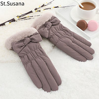 圣苏萨娜手套女冬季保暖加绒加厚户外防水学生韩版可爱蝴蝶结女士手套SSN879 紫色
