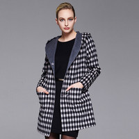 瑞比卡(Marc Rebecca)黑白格子双面羊毛呢大衣外套连帽大衣两面穿外套女 45477B 灰色 S
