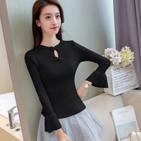 朗悦女装 长袖针织衫女2019秋季新款韩版修身打底衫喇叭袖毛衣纯色上衣 LWYC187318 黑色 均码