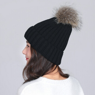 俞兆林 毛线帽女时尚百搭保暖护耳针织甜美套头帽 女士真毛球毛线帽 黑色