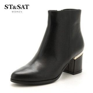 星期六（ST&SAT）牛皮革珍珠点缀粗跟时尚短靴女SS74116499 黑色 35