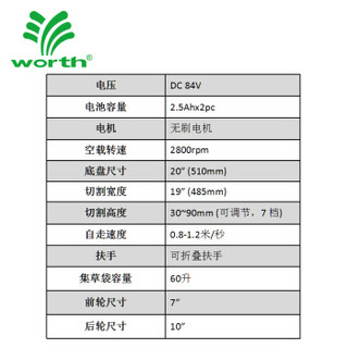 沃施 WORTH 自走式家用84V锂电割草机 园林修草机 电动割草机 两电一充