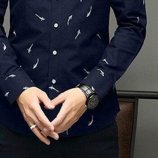 美国苹果 AEMAPE 衬衫男长袖2019新款修身印花韩版寸衫潮流休闲男士白衬衣 深蓝 4XL