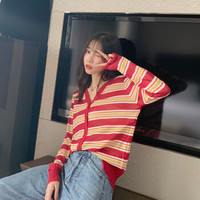 莉夏乐 条纹针织开衫女2019秋季新款女装休闲显瘦V领冰丝百搭防晒衫 zx5B409-5886 红条纹 均码