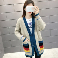 莉夏乐 2019秋季新品女装针织衫韩版V领牛角扣拼色条纹中长款针织开衫毛衣外套 MMHS5113 浅咖 均码