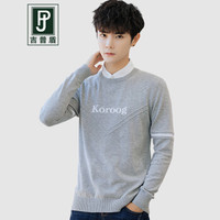 吉普盾韩版毛衣男2019秋季新款圆领撞色提花套头线衫时尚休闲宽松薄款外套 灰色 3XL