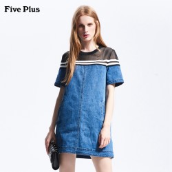 FIVE PLUS女夏装牛仔连衣裙短袖宽松圆领A字裙子棉质条纹拼接
