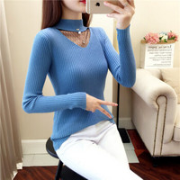 沫欣 针织衫女2019秋冬新品性感蕾丝通勤网纱修身打底衫纯色钉珠长袖毛衣 ywDH3842 蓝色 均码