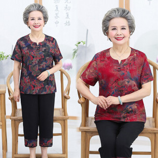 凡淑 2019夏季新品女装新款奶奶装套装老年人短袖t恤60-70岁妈妈装老太太两件套 JXALWNL035 1号色 XL