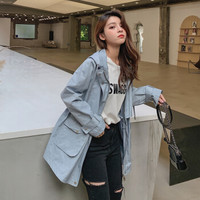 沫欣 风衣女2019秋冬新品学生ins风纯色加大码宽松连帽衫中长款长袖大衣外套 YJC8116917 浅蓝色 M