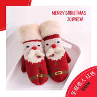 手套女冬季可爱韩版学生保暖加绒加厚棉毛绒防寒冬天挂脖卡通圣诞 圣诞老人红色手套