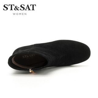 星期六（ST&SAT）绒面羊皮革粗跟圆头短靴SS74116446 黑色 39