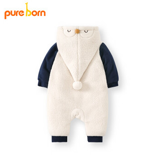 pureborn宝宝冬季连帽连体衣婴幼儿加厚保暖爬服新生儿洋气抱婴服 藏青 0-3个月