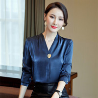 瑜珏（YuJue）心机衬衫上衣女 2019秋季新品韩版设计感复古港味亮丝衬衣 QJYY892 蓝色 2XL