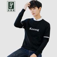 吉普盾韩版毛衣男2019秋季新款圆领撞色提花套头线衫时尚休闲宽松薄款外套 黑色 L