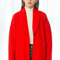 考拉工厂店 女士翻领羊毛呢大衣 大红色 M